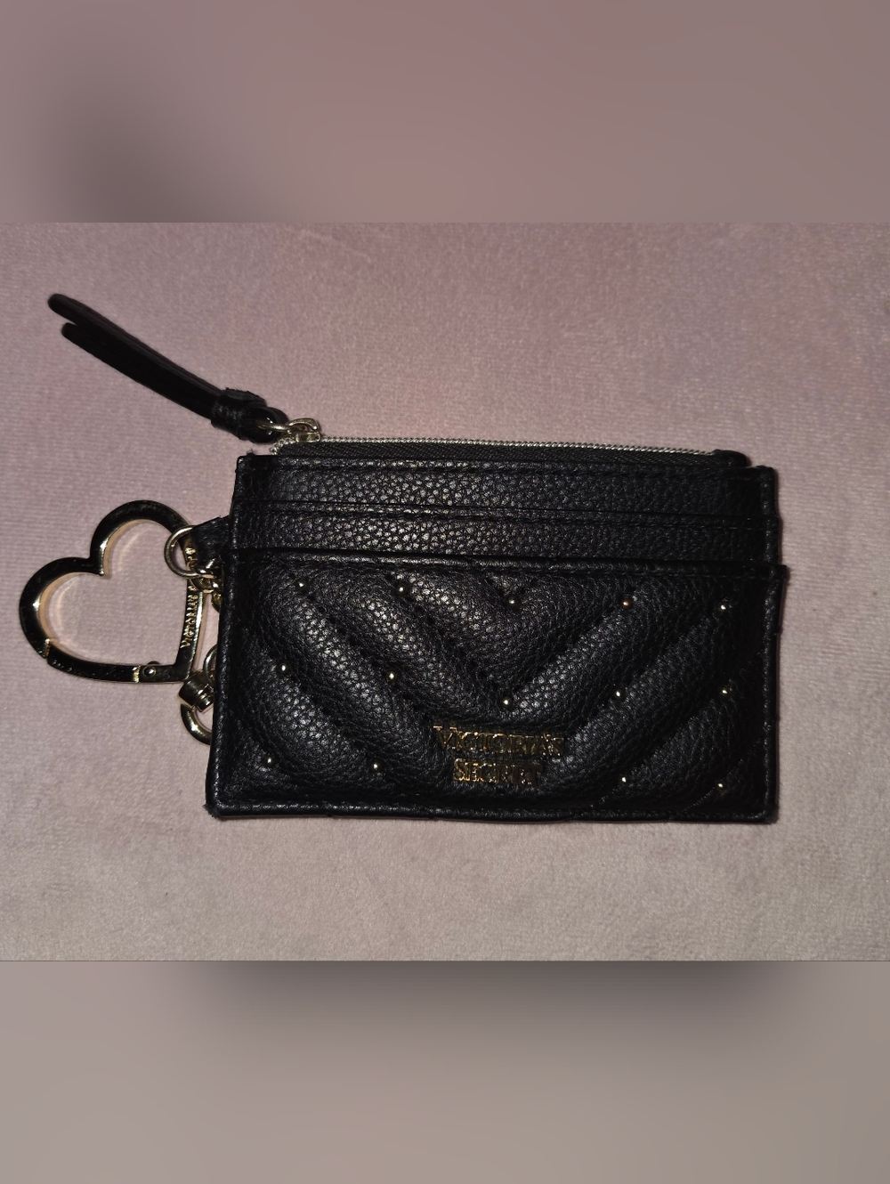 Victoria's Secret Black Quilted Card Holder with Gold Heart Keyring